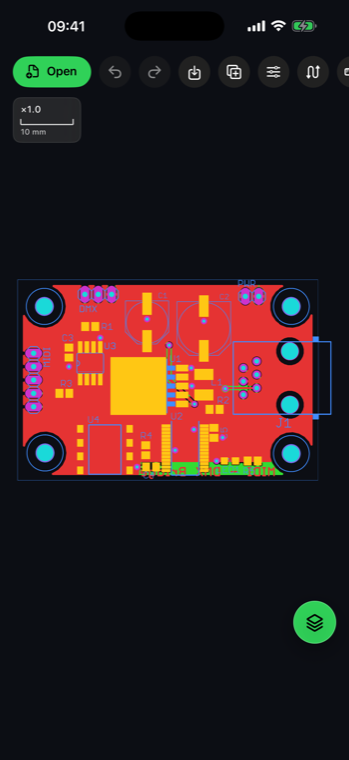 A multi-layer PCB rendered in realistic colors on iPhone