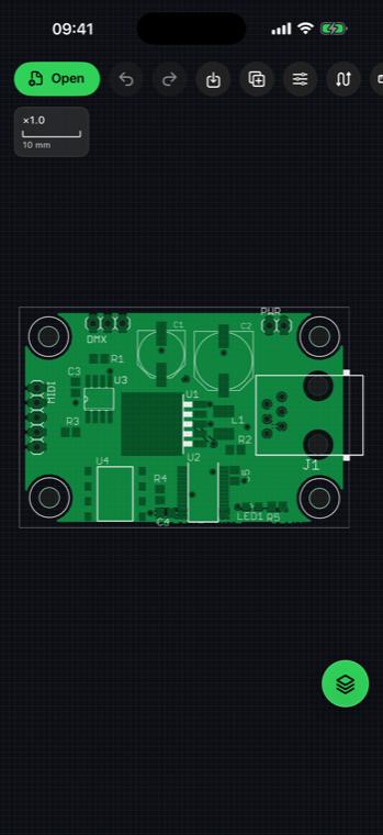 A PCB with grid and reference designators on iPhone